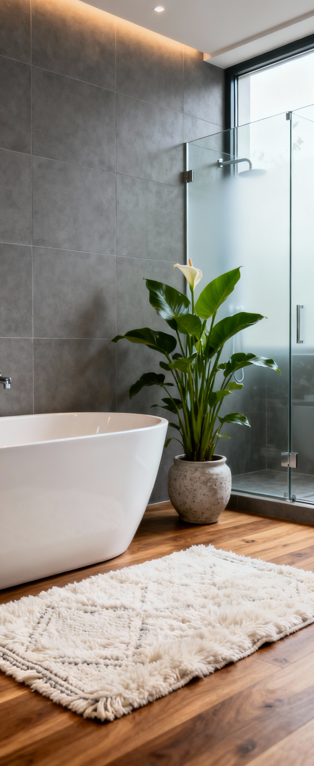 A luxurious modern bathroom demonstrating harmonious design with a balance of hard and soft elements, featuring matte grey tiles, a plush rug, wood floors, a freestanding tub, and a peace lily plant.
