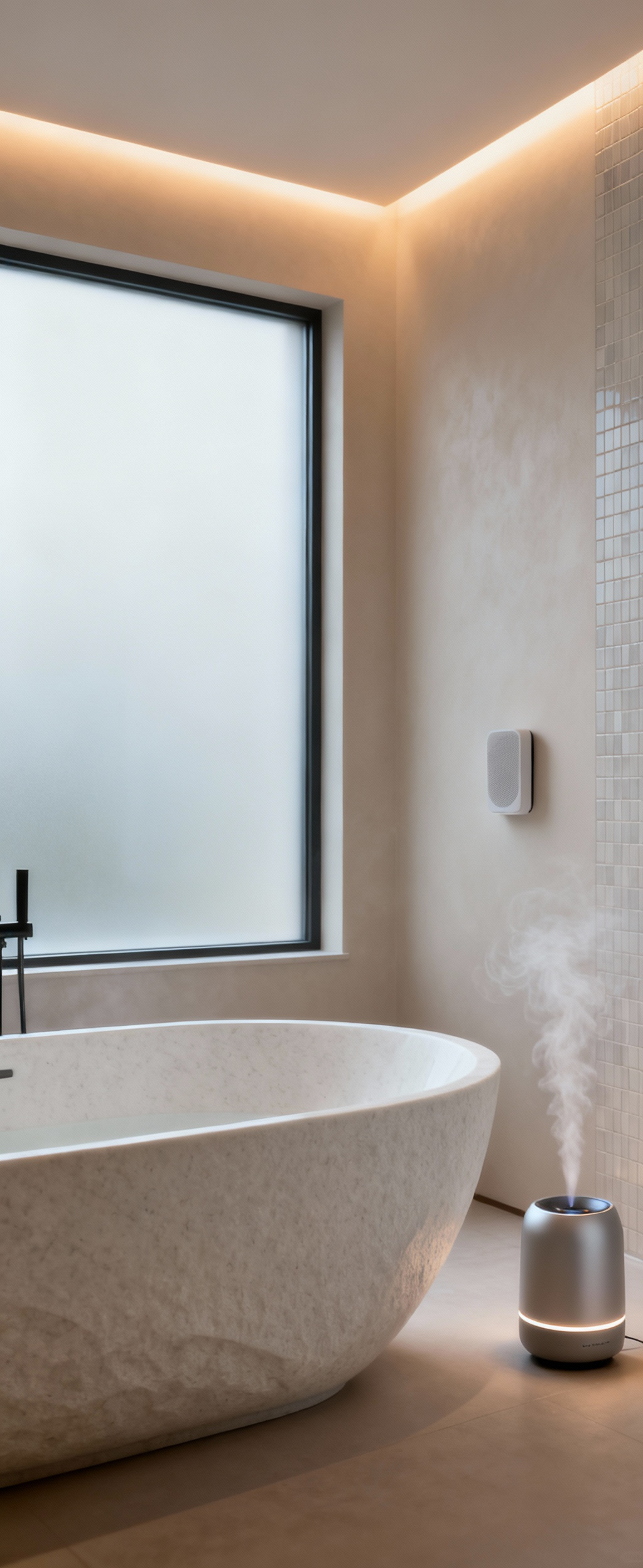 A serene, luxurious bathroom with a multi-sensory focus. Features an elegant freestanding tub, subtle mist from an essential oil diffuser, and a concealed speaker in the wall. Soft, warm lighting enhances the calming ambiance, creating a true sanctuary for relaxation. No people.