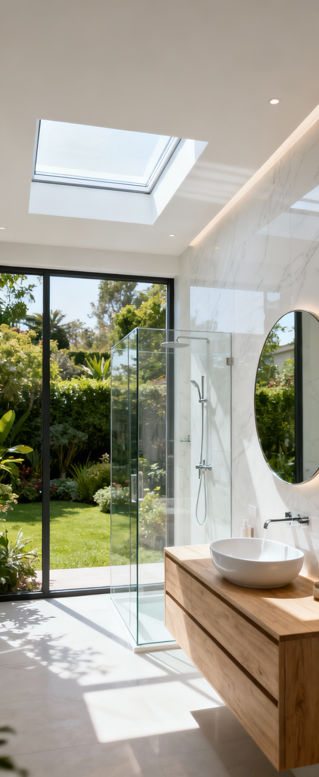 Luxurious bathroom flooded with natural light from large windows and skylight, featuring polished white marble, light wood vanity, and an oversized mirror, creating a bright and expansive feel.