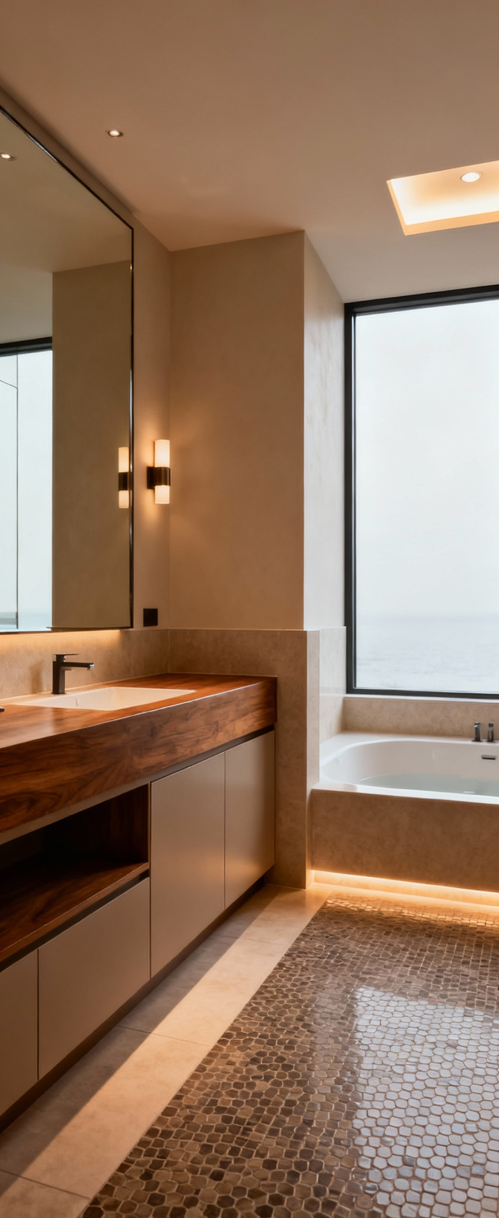 Luxurious master bathroom with clear functional zones, including a sleek vanity and a separate soaking tub area, using modern design elements and distinct floor materials for optimal flow and organization.