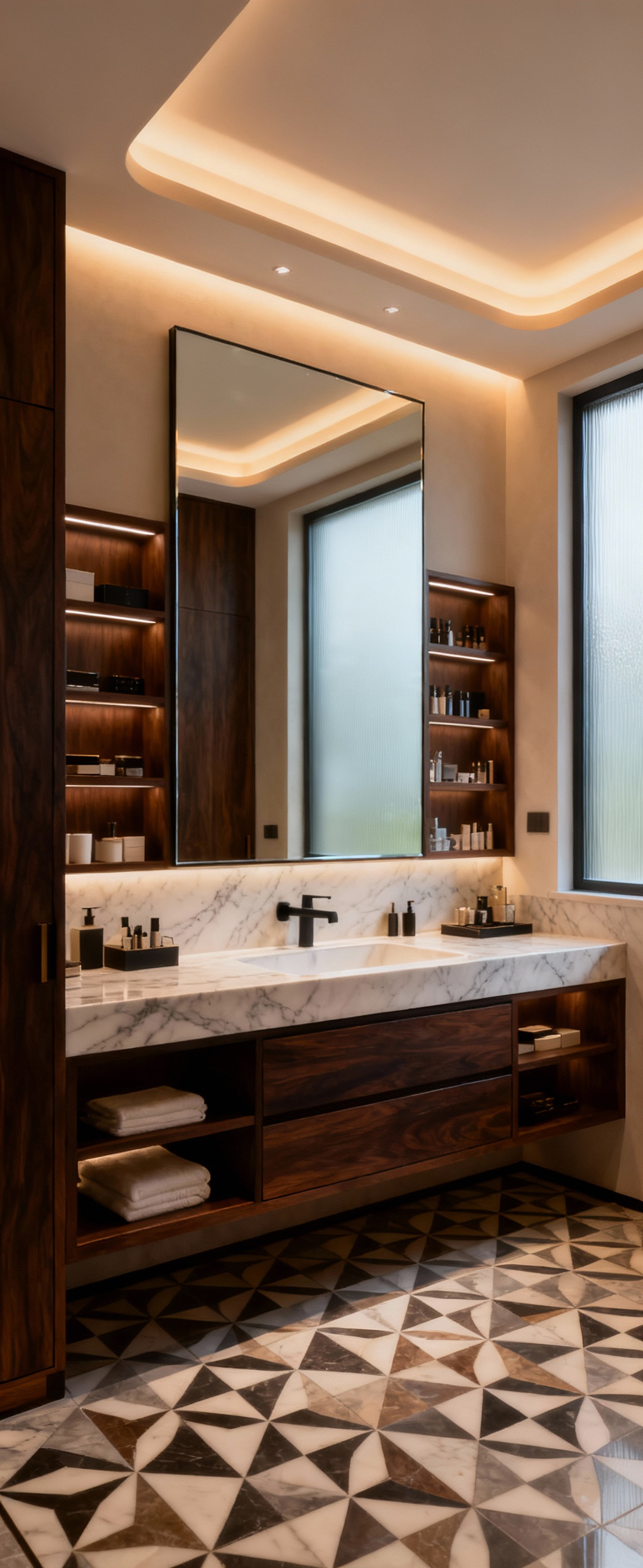 Luxurious custom bathroom designed for individual needs with bespoke storage, ergonomic features, and refined materials like marble and wood.