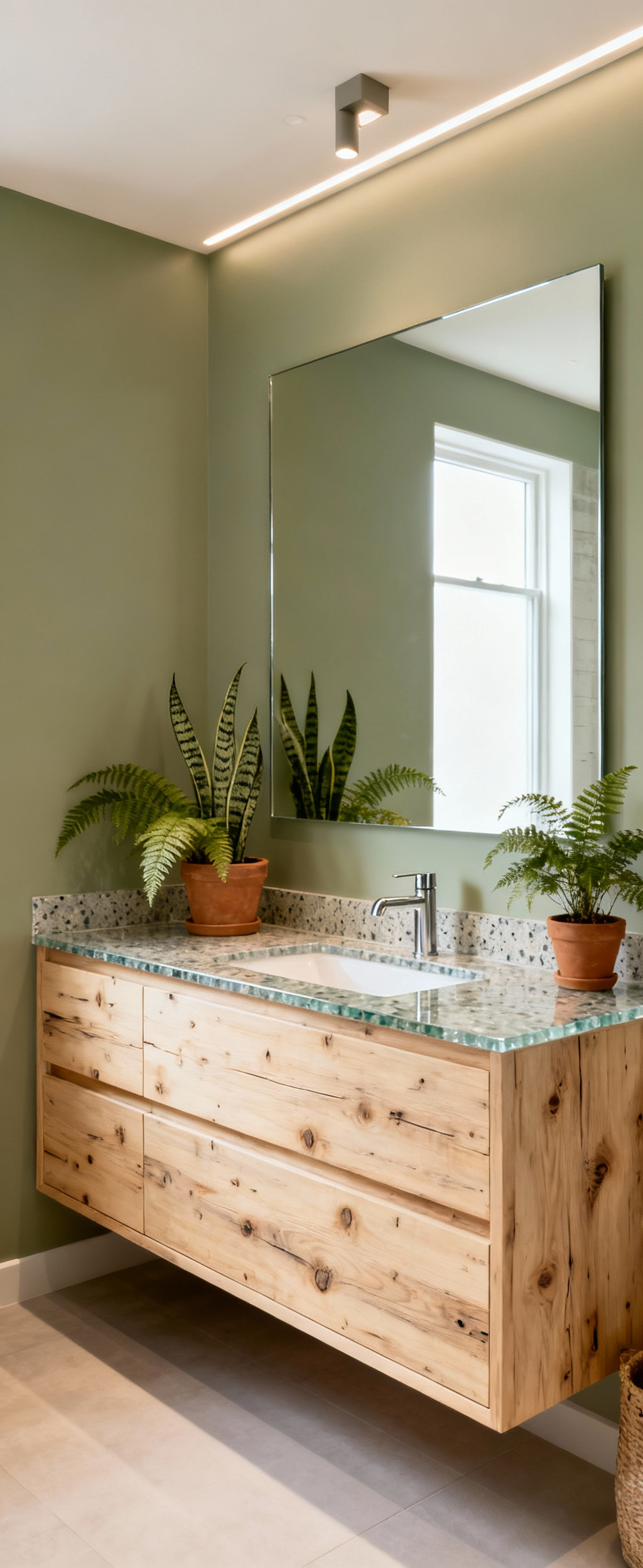 Luxurious bathroom with eco-friendly design, featuring a reclaimed wood vanity, recycled glass countertop, and lush green plants.