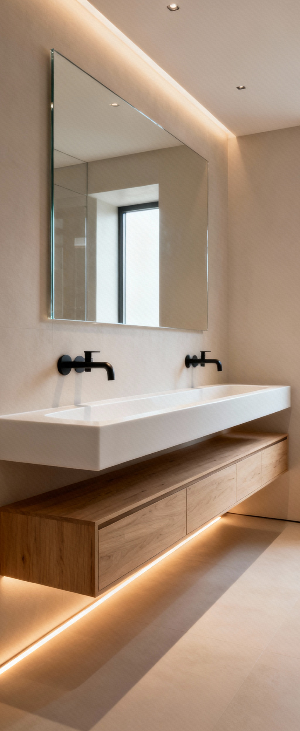 Modern bathroom with custom light wood vanity, integrated white quartz trough sink, matte black wall-mounted faucets, LED lighting, and a large frameless mirror.