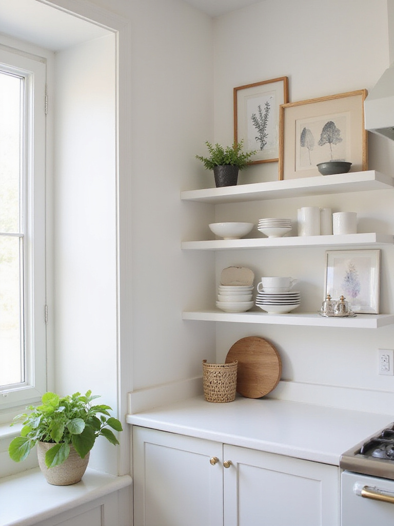 Contemporary kitchen wall with elegant open shelving and curated wall art, demonstrating thoughtful budget planning for kitchen wall decoration