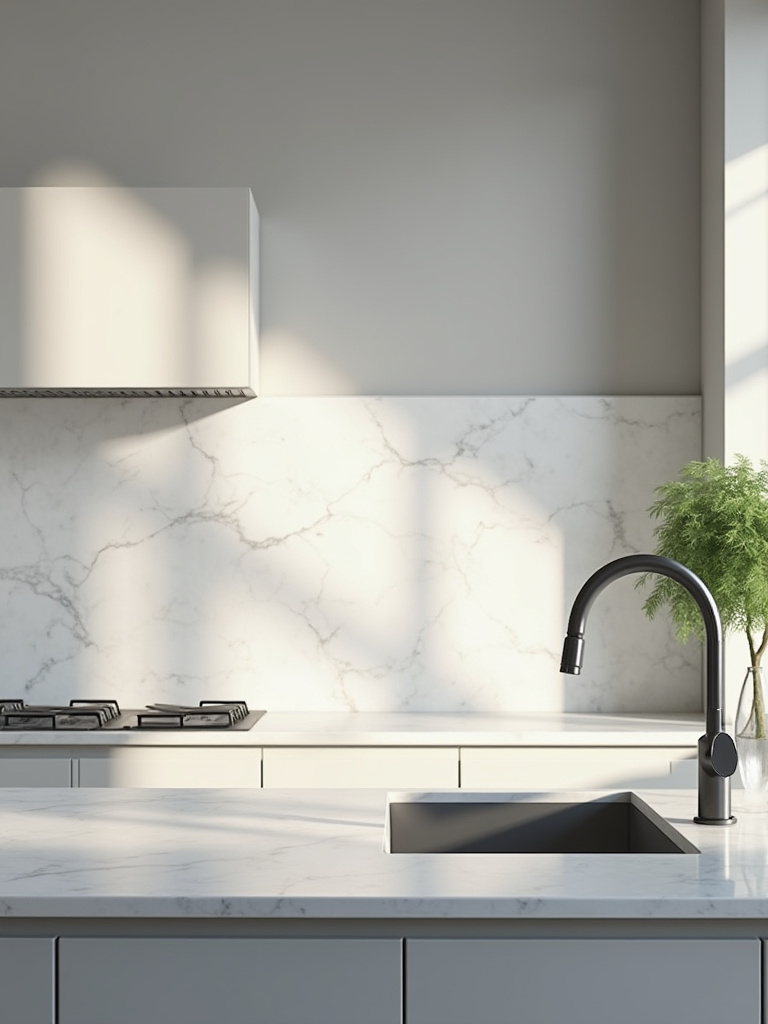 Modern kitchen interior illustrating potential high-traffic zones and splatter areas, emphasizing kitchen wall durability and practical design choices for material longevity.