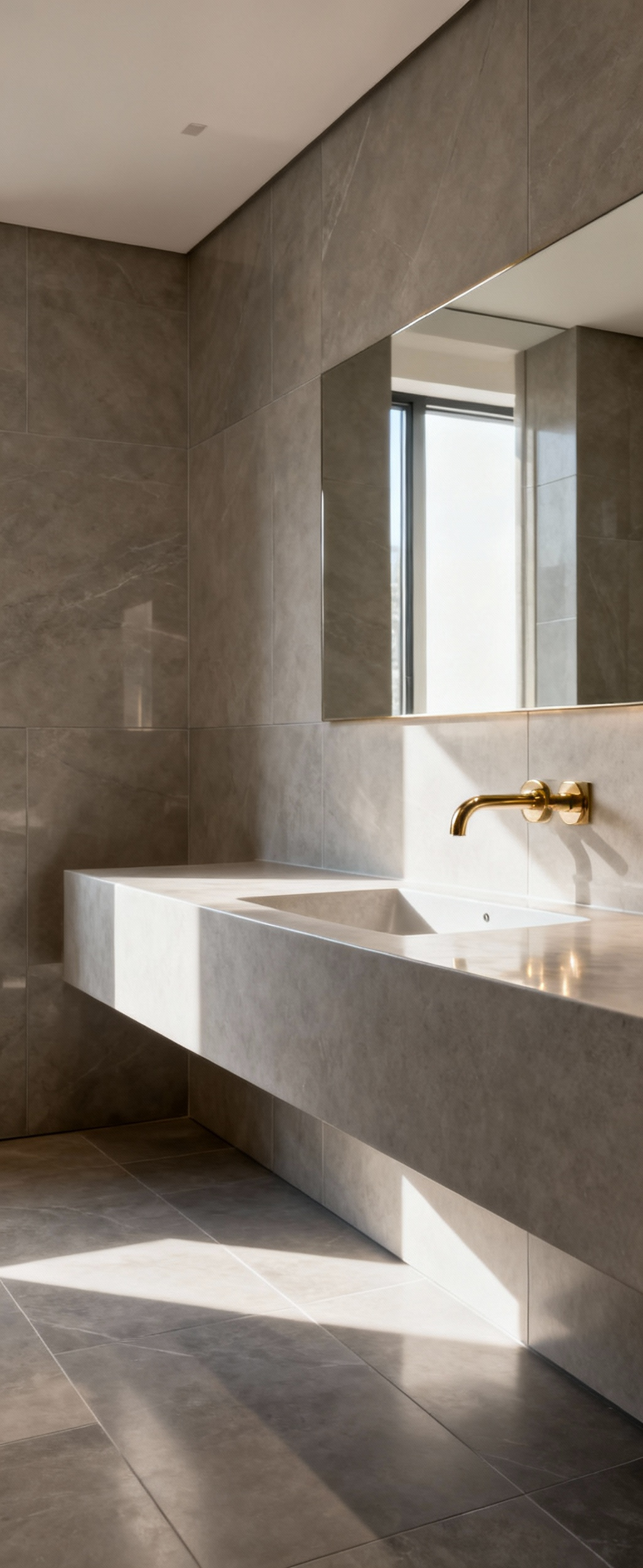 Modern bathroom interior featuring durable, large-format porcelain tiles, solid surface vanity, and high-quality brass fixtures, emphasizing long-lasting luxury.