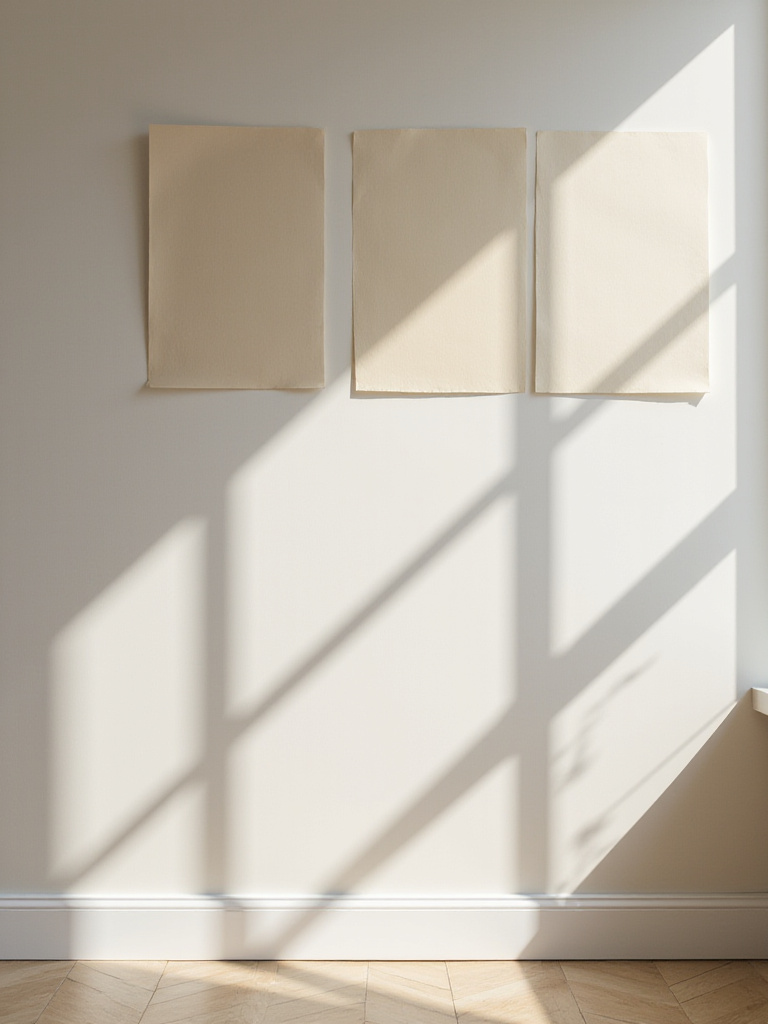 Three large paint swatches on a modern kitchen wall, illuminated by natural light, showing how light affects kitchen wall color lighting and undertones.