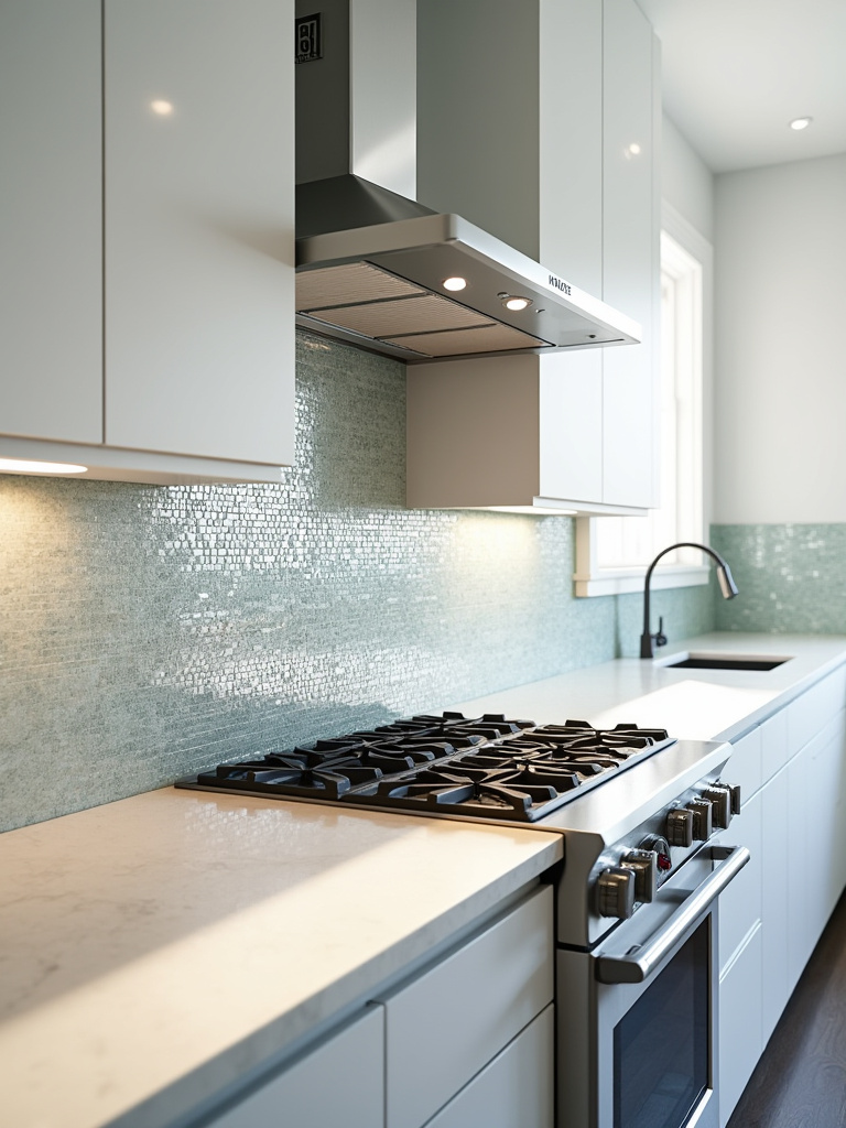Close-up of a shimmering decorative tile backsplash with mosaic pattern in a modern kitchen, protecting the wall behind a stainless steel range.
