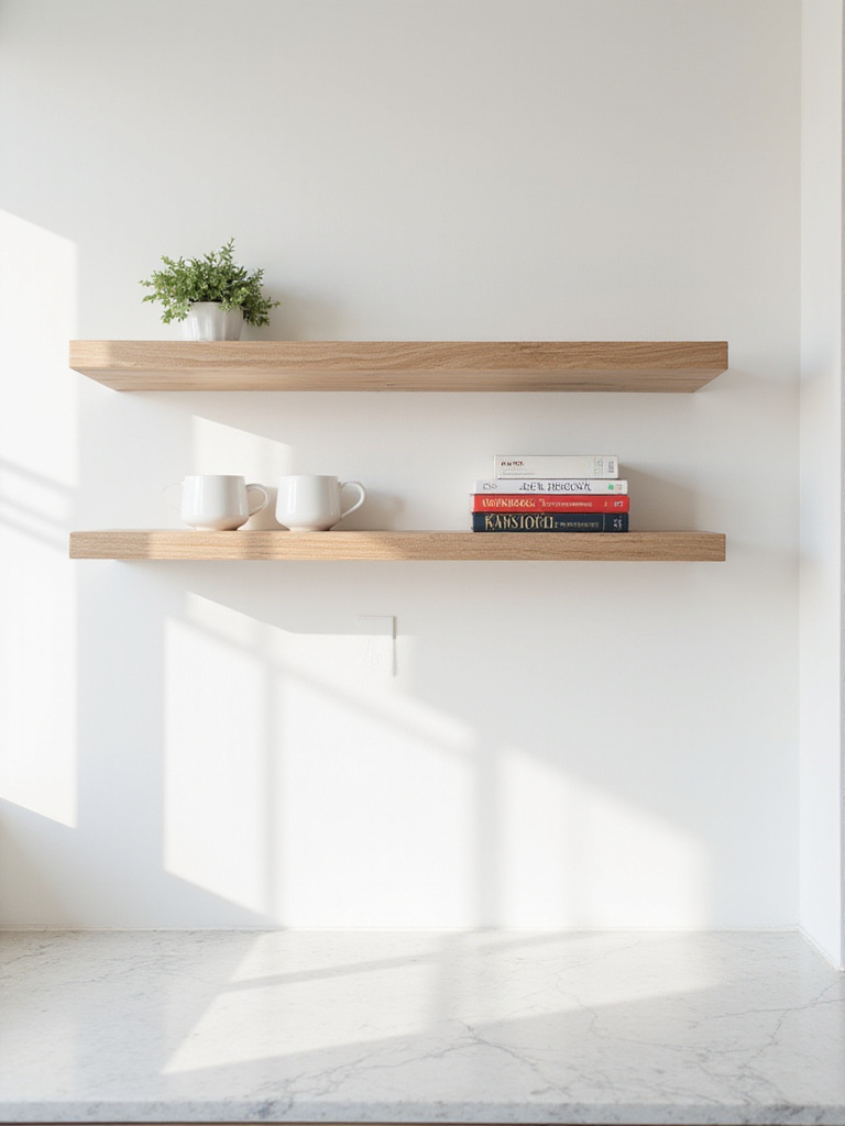 Modern kitchen with light wooden floating shelves displaying a potted plant, ceramic mugs, and cookbooks above a clean countertop.