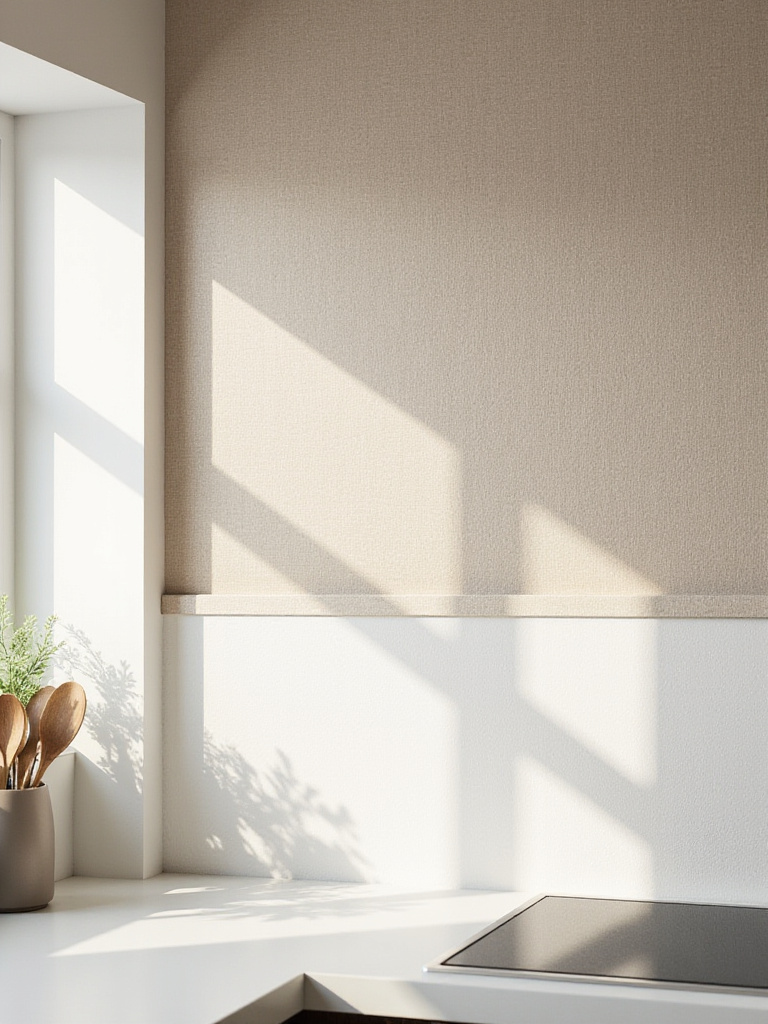 A modern kitchen wall with elegant peel-and-stick wallpaper featuring a woven linen texture being applied, showing easy DIY kitchen wall decor.