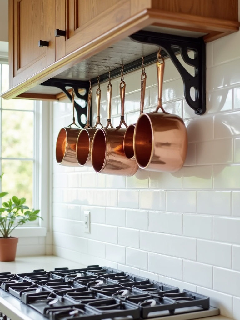 Stylish kitchen featuring a black wrought-iron wall-mounted pot rack displaying an organized collection of copper and stainless steel pots and pans above a subway tile backsplash.