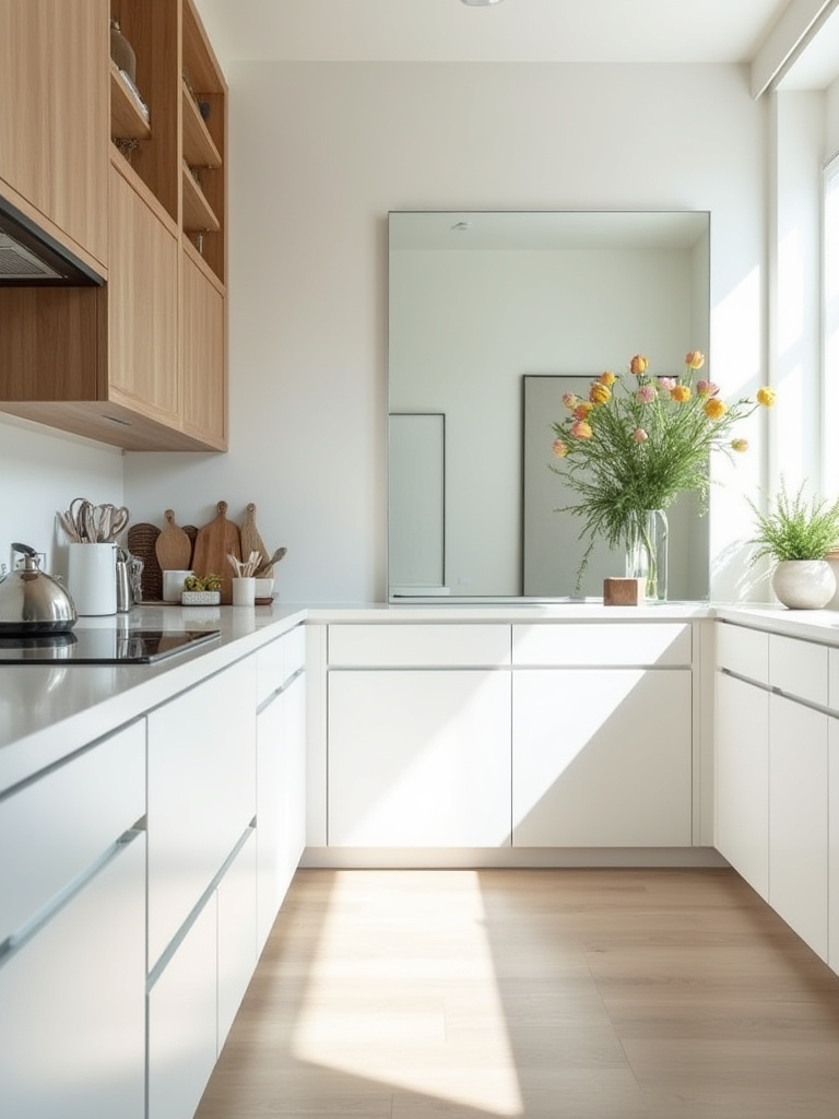 Modern kitchen with a large frameless mirror reflecting natural light, creating an illusion of expanded space and brightness on the wall.
