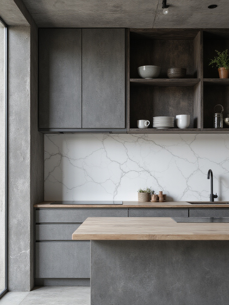 A modern kitchen wall showcasing harmonized textures with large dark grey concrete panels, a polished white marble backsplash, and distressed metal open shelves, creating visual depth.