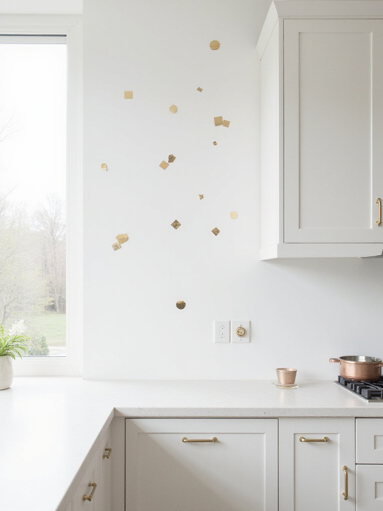 A pristine white kitchen wall featuring metallic geometric wall decals, showcasing custom decorative flourishes in a modern setting with natural light.