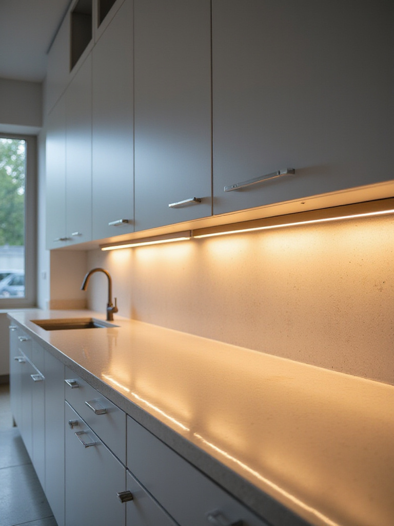A brightly lit modern kitchen countertop under white upper cabinets, showcasing continuous LED under-cabinet lighting that illuminates a white quartz surface and a light-colored geometric tile backsplash, enhancing both ambiance and task visibility in a seamless design.