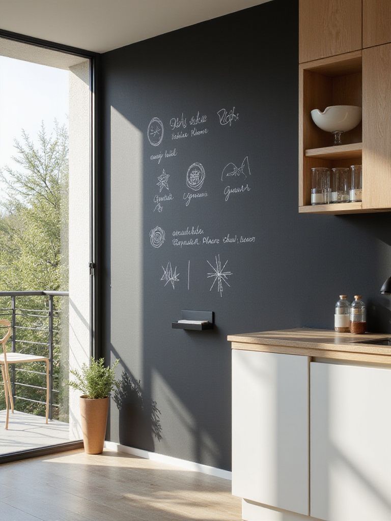 Modern kitchen with a functional chalkboard feature wall displaying organized notes and a subtle chalk tray, illuminated by natural light.