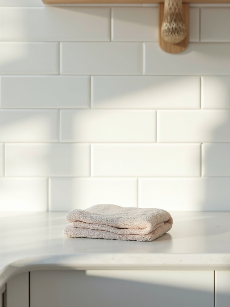 A sparkling clean kitchen wall featuring a pristine tiled backsplash and painted upper wall, with a soft microfiber cloth folded nearby, emphasizing routine kitchen wall maintenance for longevity and brilliance. Ideal for home decor.