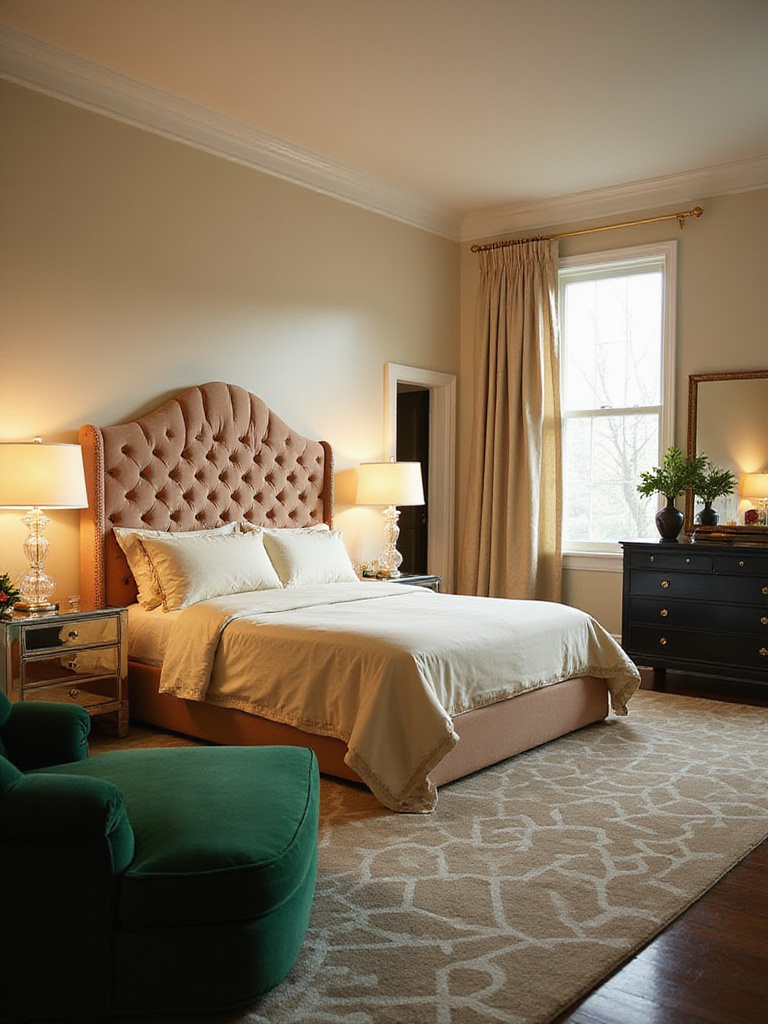 Luxurious Hollywood Regency bedroom with velvet headboard, mirrored nightstands, and emerald green chaise lounge.