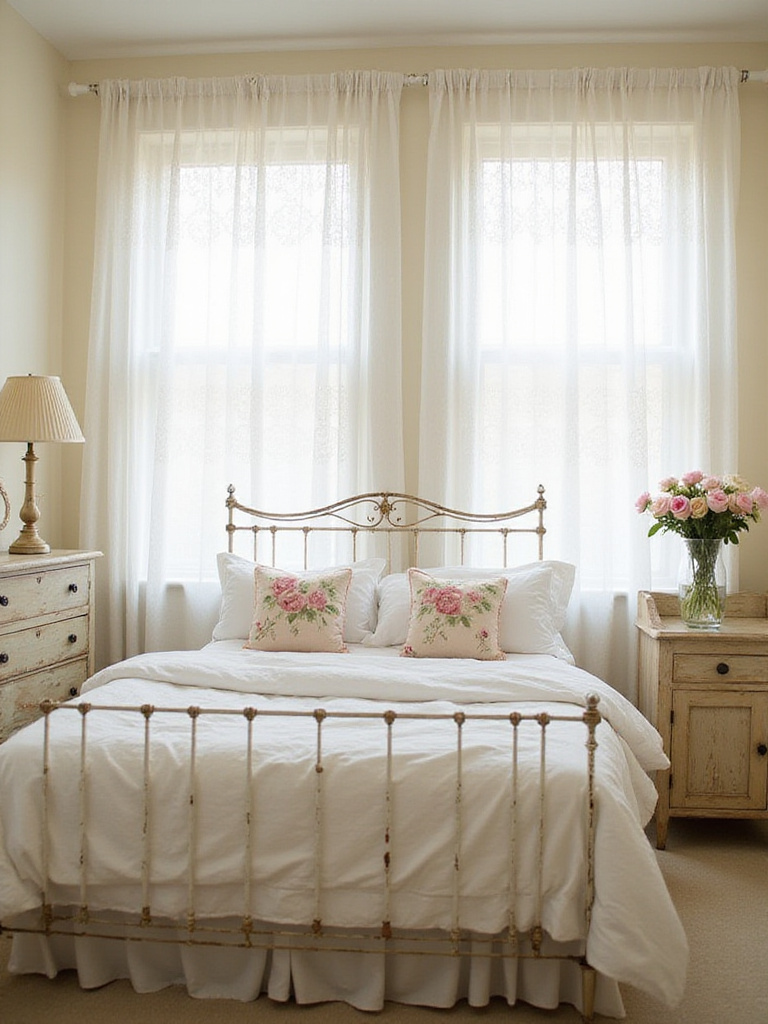 Shabby Chic bedroom with white linens, antique furniture, and floral accents.