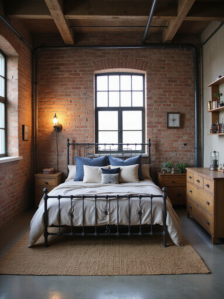 Industrial vintage bedroom with exposed brick, metal bed frame, and reclaimed wood furniture.