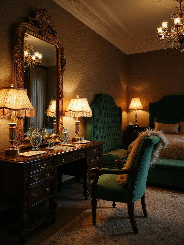 1920s Flapper-inspired bedroom with velvet headboard and Art Deco details
