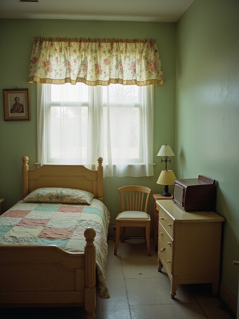 1930s Depression Era bedroom interior with floral curtains and patchwork quilt.