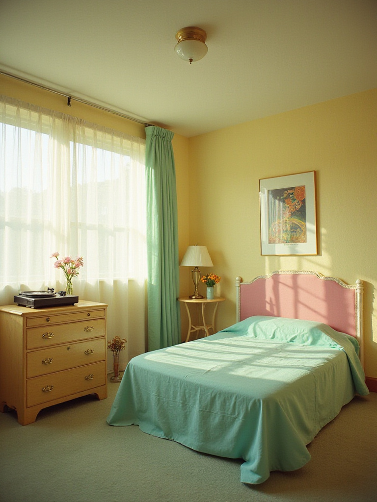 Bright and cheerful 1950s bedroom with pastel colors and chrome accents.