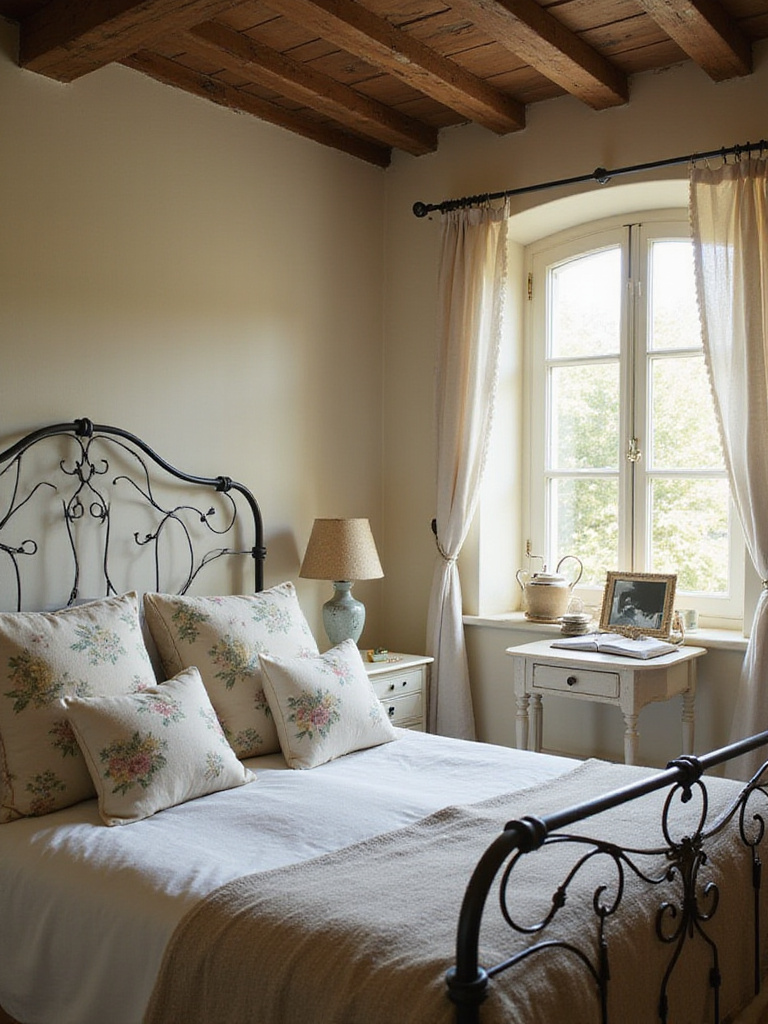 French Country vintage bedroom with wrought iron bed and linen bedding