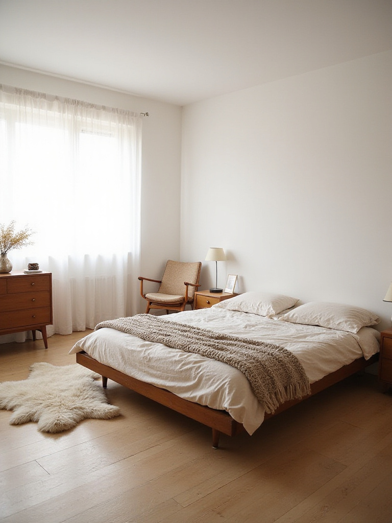 Vintage Scandinavian bedroom with Hygge decor, featuring natural light, linen bedding, and a sheepskin rug.
