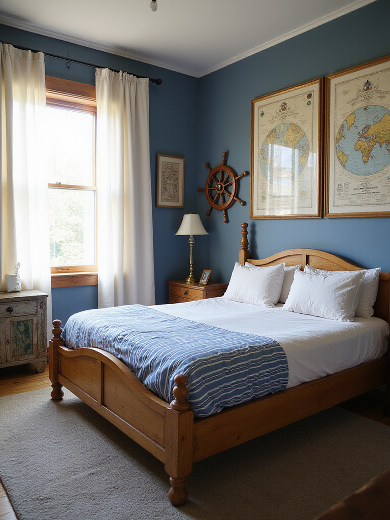 Vintage nautical bedroom with navy blue, white, and beige color scheme, featuring nautical charts and a ship wheel.