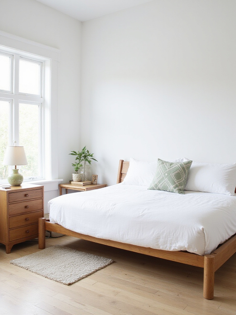 Minimalist vintage bedroom with mid-century modern bed and neutral color palette