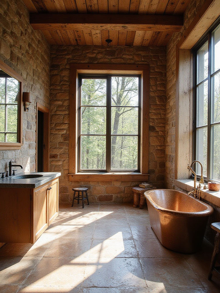 Rustic bathroom interior with large windows allowing natural light to illuminate wood and stone textures