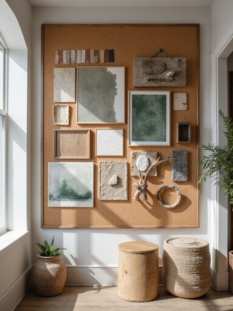 Inspirational rustic bathroom mood board with wood, stone, metal samples and warm earthy color palette on cork board