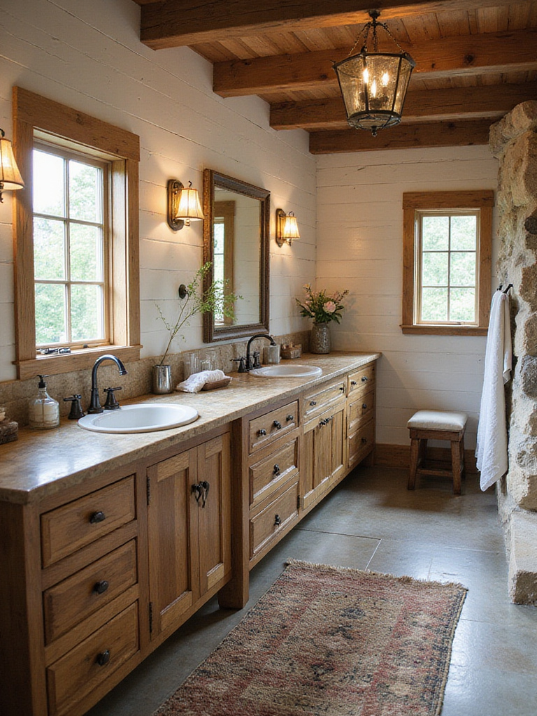 Rustic bathroom interior showcasing defined sub-style elements of Farmhouse, Lodge, or Cabin with cohesive decor and natural lighting