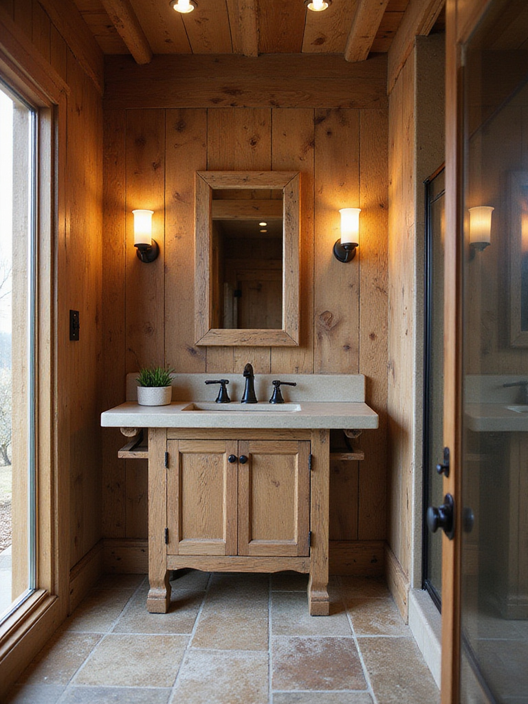 Rustic bathroom interior showcasing practical and comfortable design with reclaimed wood vanity, stone countertop, layered lighting, and non-slip stone floor