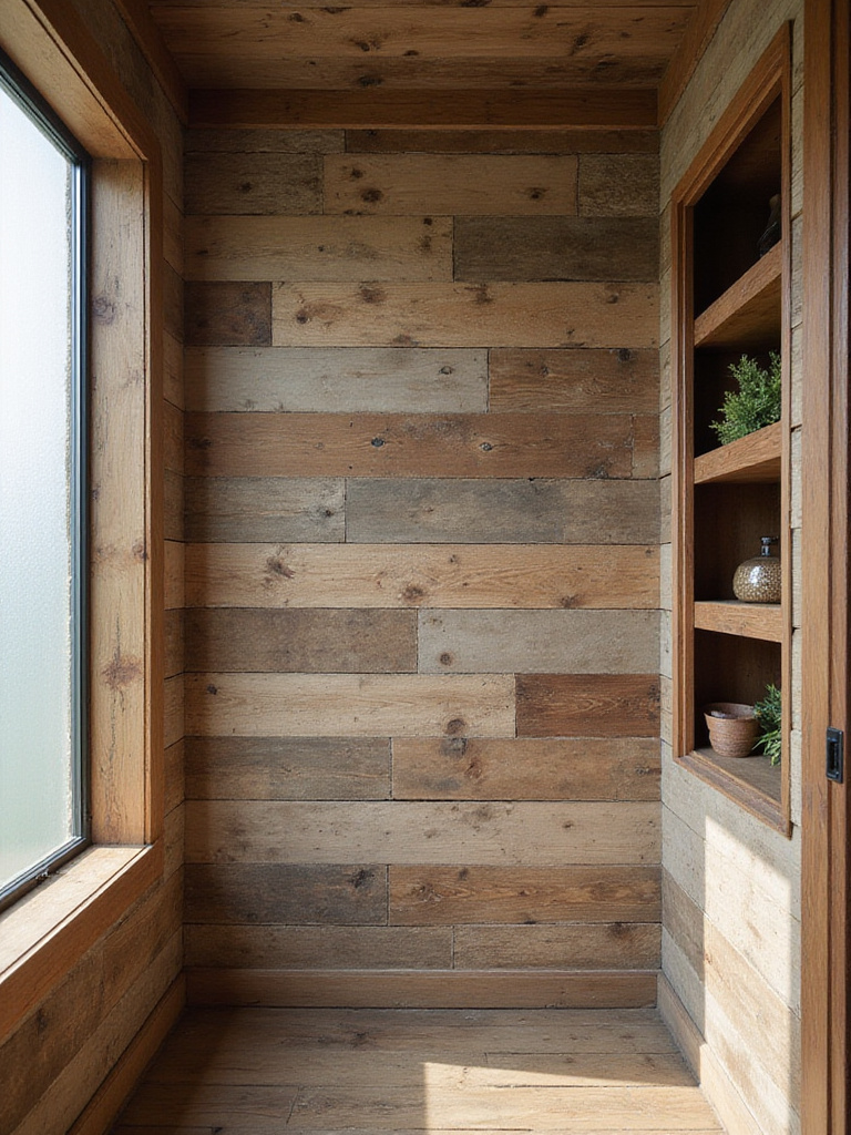 Rustic bathroom with reclaimed wood wall paneling and shelving showcasing sustainable décor