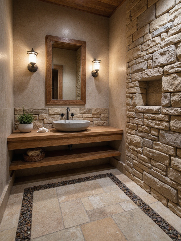 Rustic bathroom with natural stone and pebble accents featuring a river pebble shower floor and stacked stone accent wall