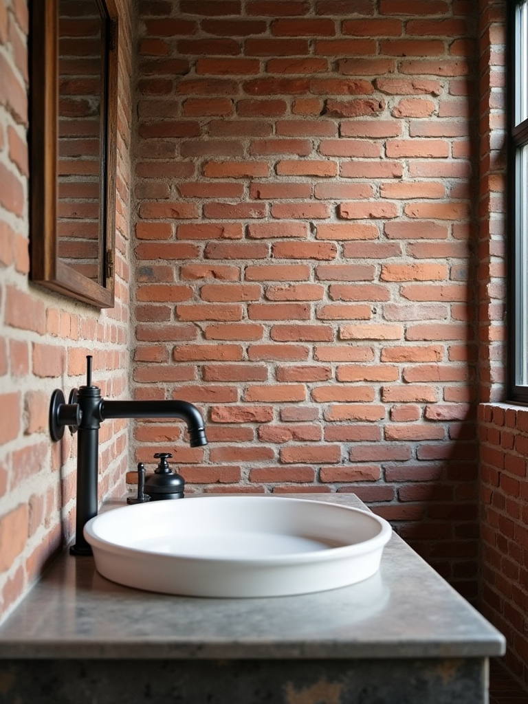 Rustic bathroom with exposed red brick wall and industrial style fixtures