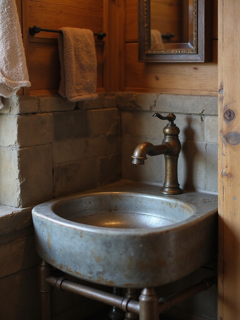 Rustic bathroom corner with distressed metal finishes on faucet and galvanized steel wash basin, showcasing vintage character