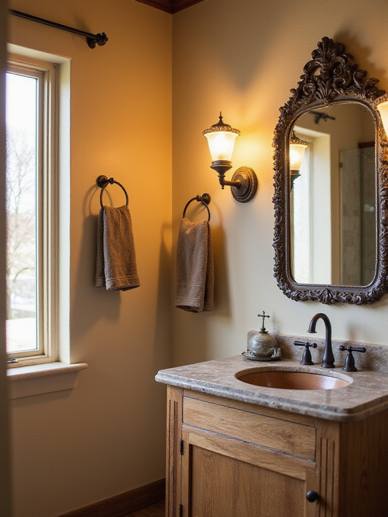 Rustic bathroom corner with wrought iron towel rack, light sconce, and mirror frame showcasing durable country appeal