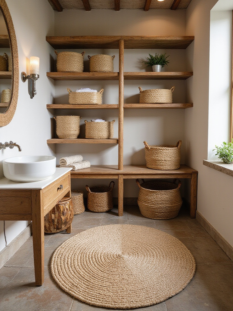 Rustic bathroom corner featuring woven jute rug and seagrass baskets on wooden shelves with natural sunlight highlighting textures