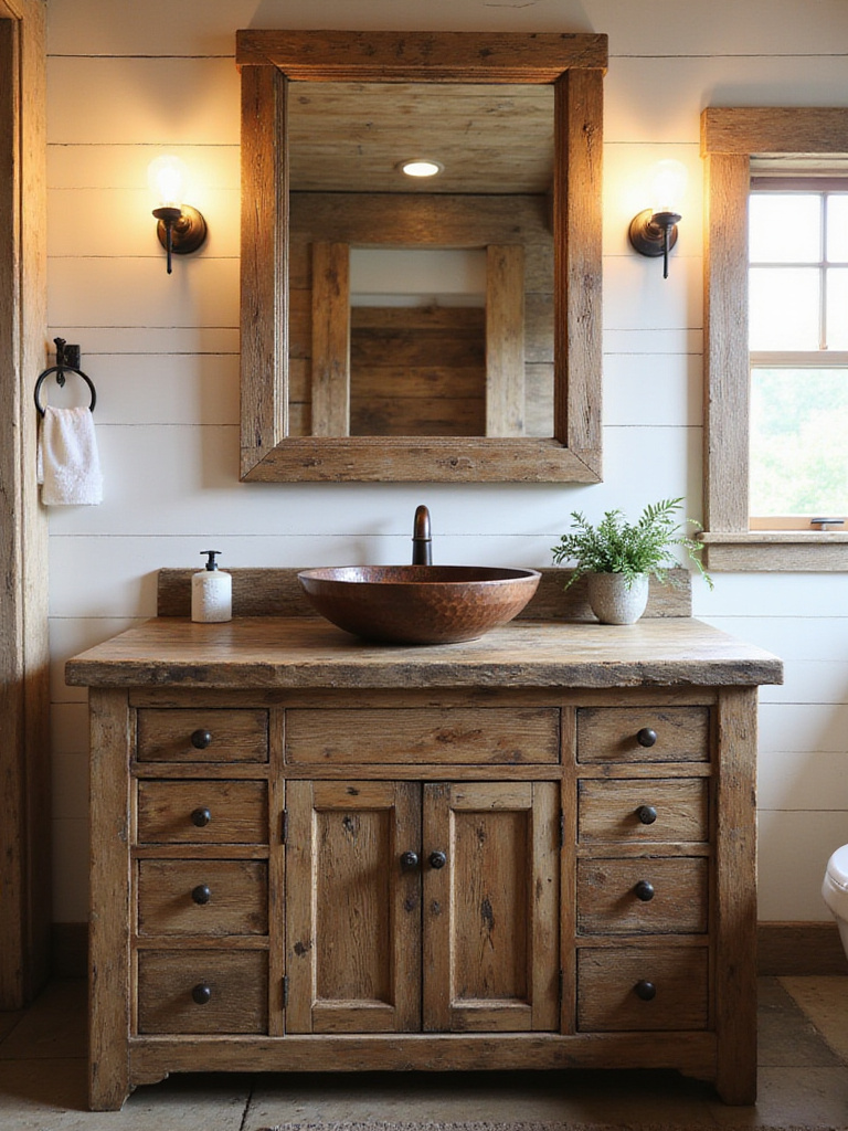 Rustic bathroom with a distressed wood vanity featuring a copper vessel sink and antique bronze fixtures, illuminated with warm natural and industrial lighting.