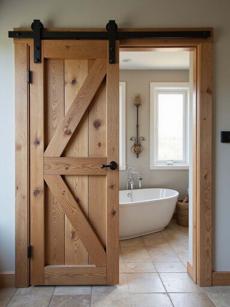 Rustic wooden barn door slider with black matte hardware installed on a bathroom entryway