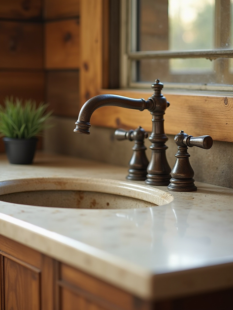 Bronze oil-rubbed faucet on reclaimed wood vanity in rustic bathroom with warm natural lighting