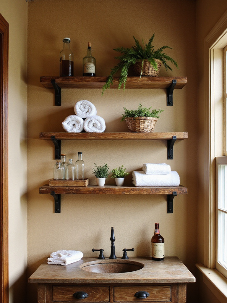 Rustic bathroom with reclaimed wood open shelving displaying towels, baskets, and vintage decor
