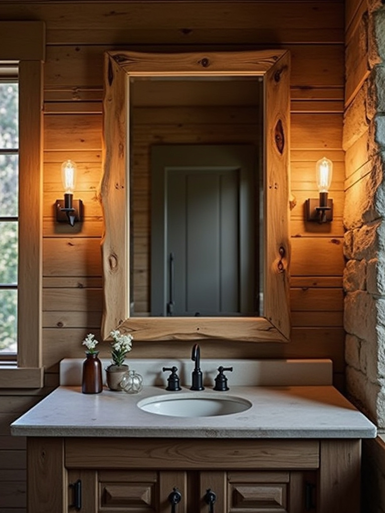 Rustic bathroom vanity with forged iron sconces emitting warm light beside a live-edge wood mirror