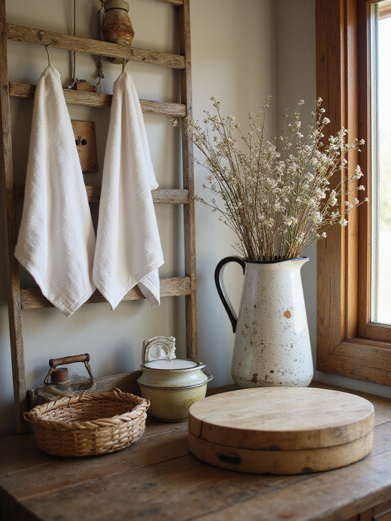 Rustic bathroom featuring vintage and repurposed decor with wooden ladder towel rack and antique enamel pitcher vase
