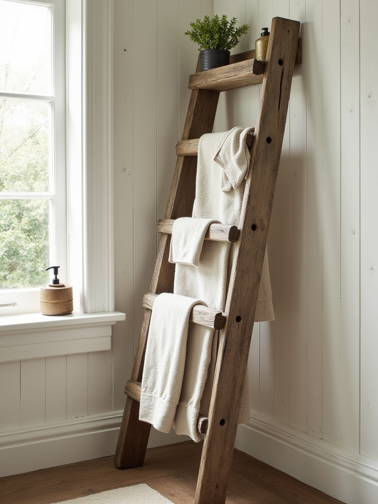 Rustic bathroom corner with an old wooden ladder used as a towel rack and decorative display