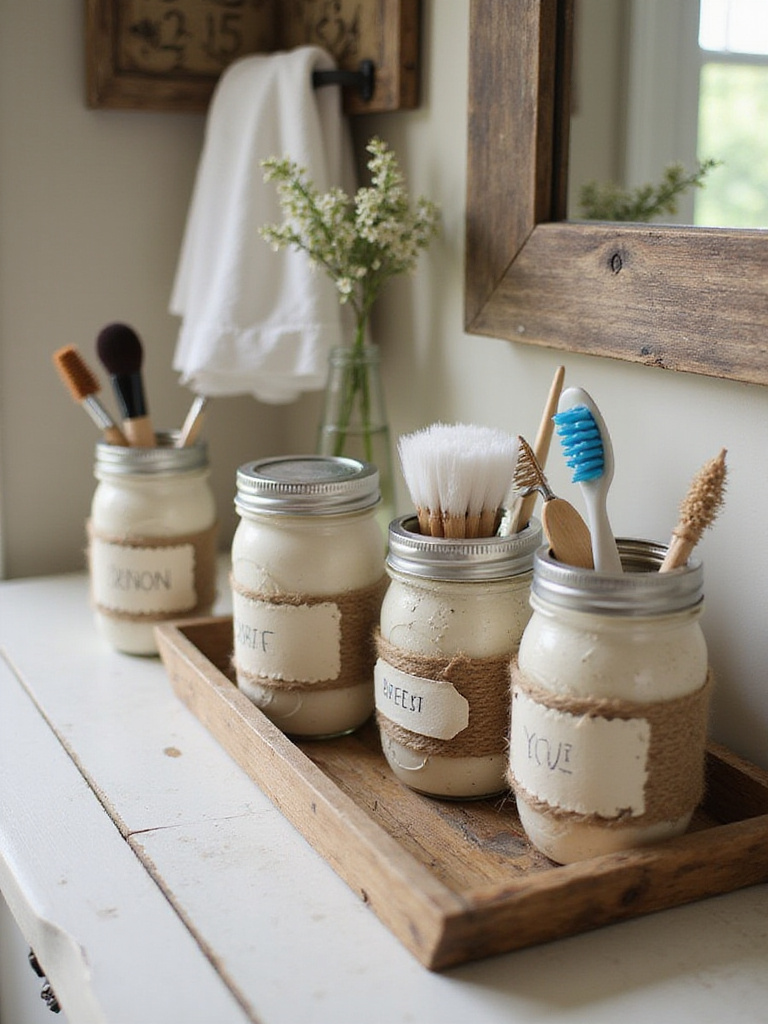 Rustic bathroom counter with DIY Mason jar organizers holding toiletries on a wooden tray