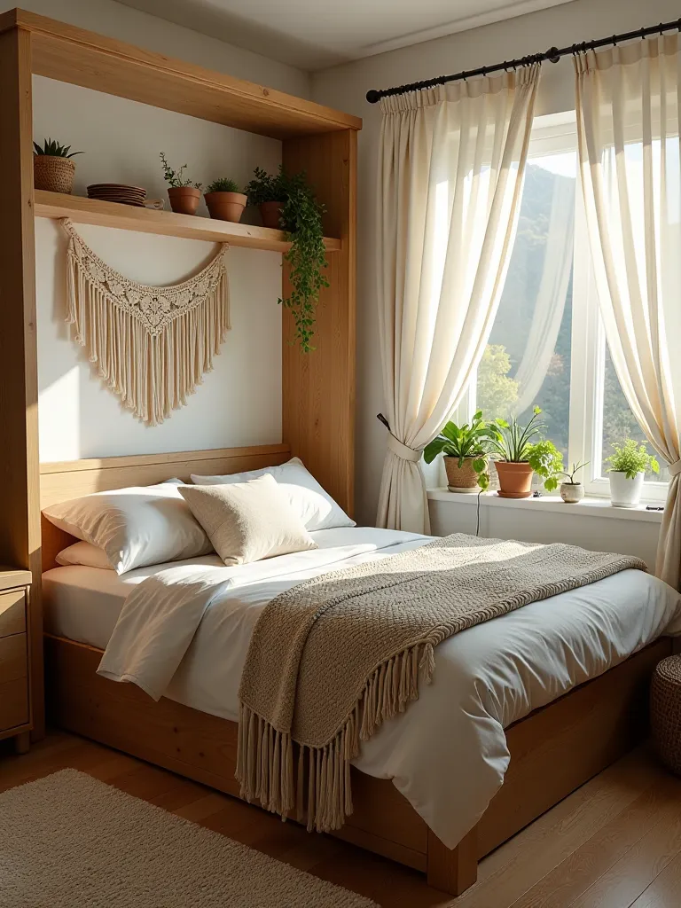 Small boho attic bedroom with circular window and floor cushions